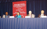 Joining former U.S. President Jimmy Carter at the press conference were (from left to right): Dr. Willy Mutunga, executive director of Kenya Human Rights Commission; Ms. Jilani; and Dr. Saad Eddin Ibrahim of Egypt, an activist and professor at the American University in Cairo.