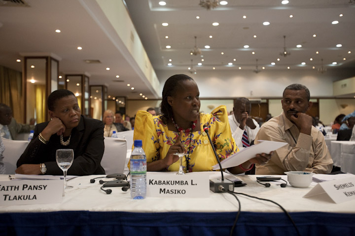 Kabakumba L. Masiko (center), minister of information and national guidance of the Government of Uganda, addresses the conference. Seated next to her are participants Faith Pansy Tlakula (left) of The Gambia, special rapporteur on freedom of expression and commissioner of the African Commission on Human and Peoples Rights, and Shemelis Kemal (right), deputy minister of Ethiopia