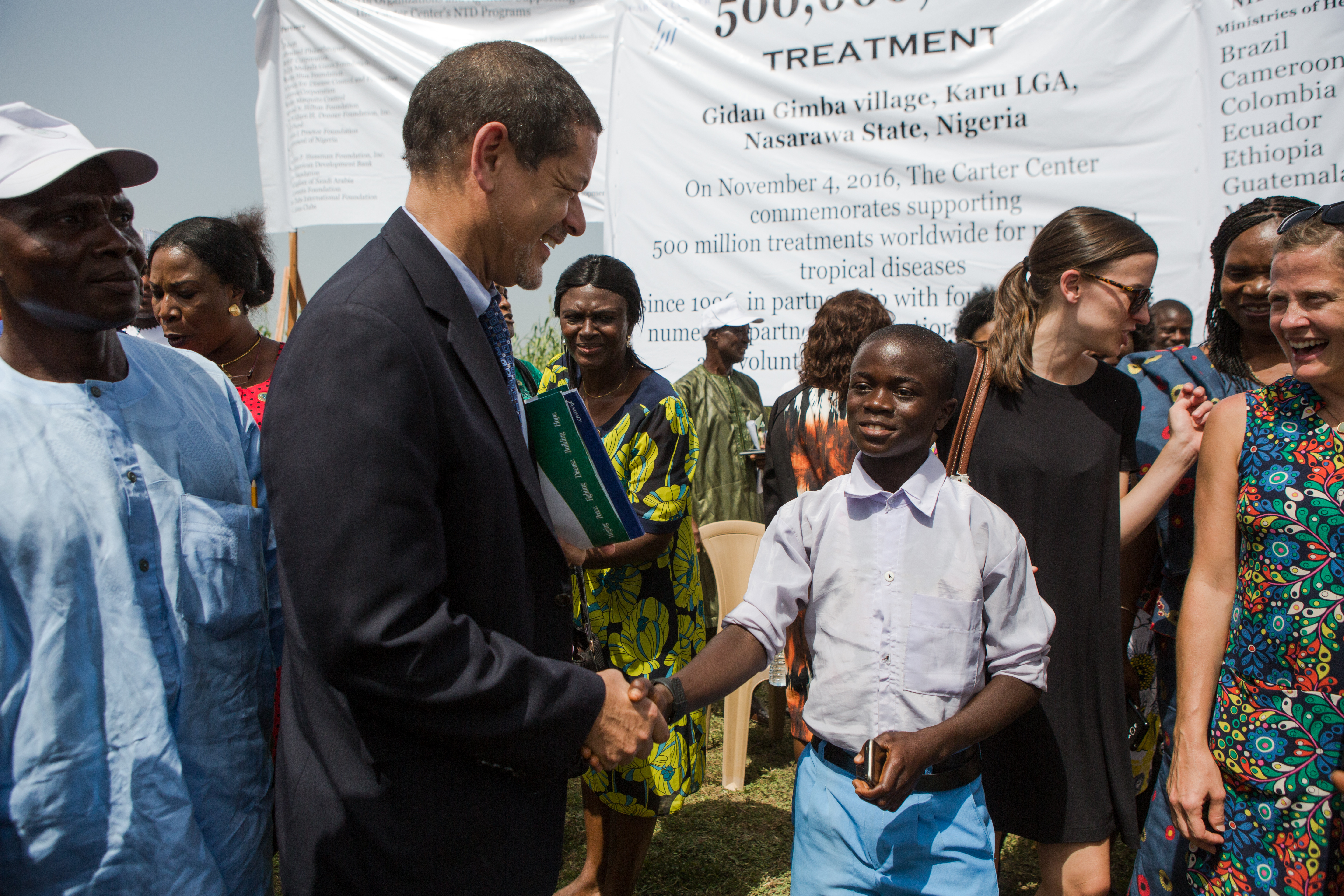 Jude, was the reciever of the 500 millionith dose from the Carter Center on 4th November 2016. He shakes Frank Richards hand during the 500 millionith ceremony in Gidan Gimba, Nasarawa State, Nigeria