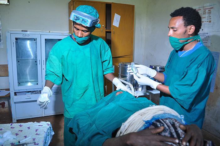 Integrated eye care workers, trained with the help of The Carter Center, prepare to perform a surgical procedure on a trachoma patient in Bahir Dar, Ethiopia. (Photo: The Carter Center/K. Callahan)