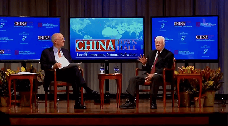 Former U.S. President Jimmy Carter discusses U.S.-China relations with Stephen Orlins, president of the National Committee on U.S.-China Relations, during a China Town Hall event at The Carter Center in Atlanta on Oct. 17, 2014. (Photo: The Carter Center)