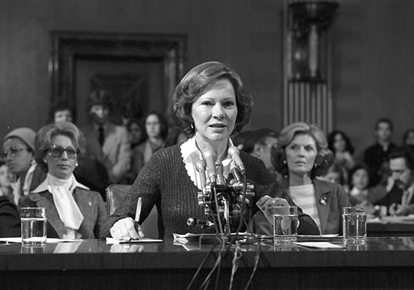 Rosalynn Carter testifies on behalf of the President’s Commission on Mental Health before the Senate Subcommittee on Health and Scientific Research of the Committee on Labor and Human Resources on February 7, 1979.