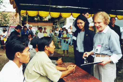 Former First Lady Rosalynn Carter observes at an Indonesian polling station in June 1999. 