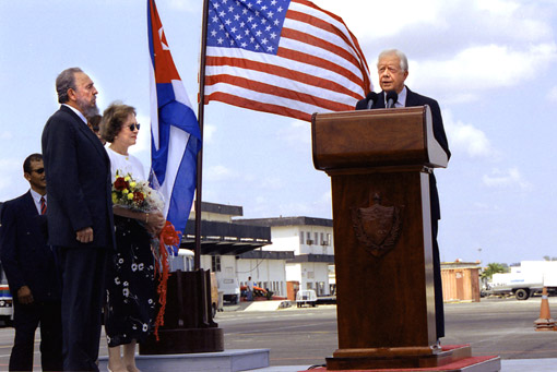 President Carter, joined by his wife, Rosalynn,and President Castro, gives an unprecedented live speech broadcast on Cuban television.