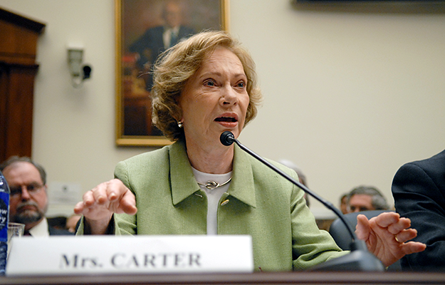 On July 10, 2007, Rosalynn Carter testified before a U.S. House of Representatives subcommittee in favor of the Wellstone Domenici Mental Health Parity and Addiction Equity Act, calling for mental illnesses to be covered by insurance on par with physical illnesses. (Photo: The Carter Center)