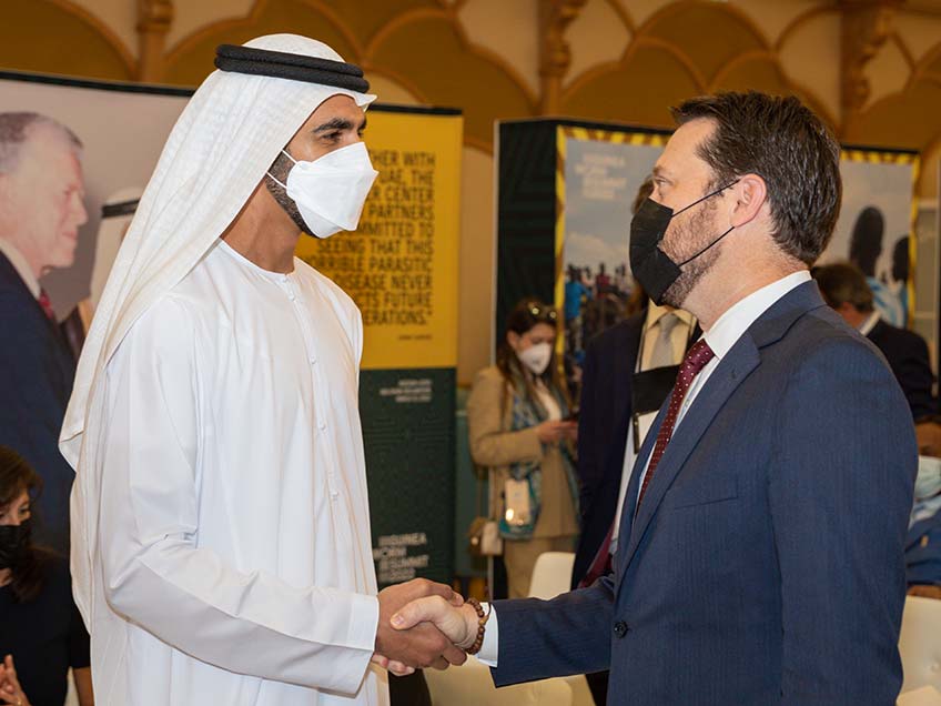 His Excellency Sheikh Shakboot bin Nahyan Al Nahyan, UAE Minister of State, greets Jason Carter, chair, Carter Center Board of Trustees, during the Guinea Worm Summit.