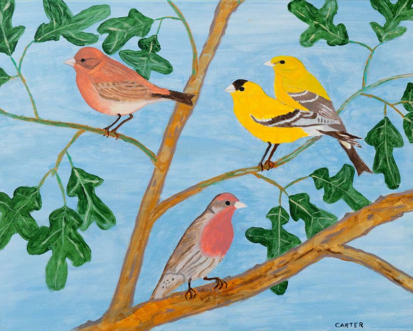 Painting of birds on branches with blue sky background.
