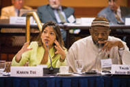 Karen Tse, an international human rights attorney and Unitarian Universalist minister, discusses her experiences at the Human Rights Defenders Policy Forum as Imam Talib 'Abdur-Rashid of the Mosque of Islamic Brotherhood in Harlem, New York, listens.