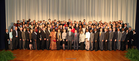 Participants of the International Conference on the Right to Public Information gather for a photo with President Carter. 